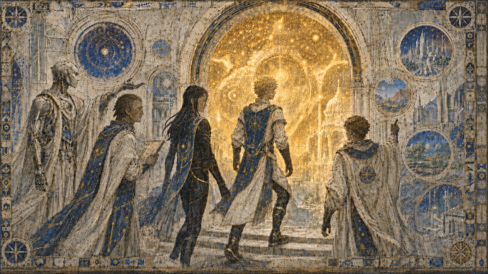 Fresco of five realm travelers crossing toward a radiant golden portal arch, realm medallions inset along the painted border