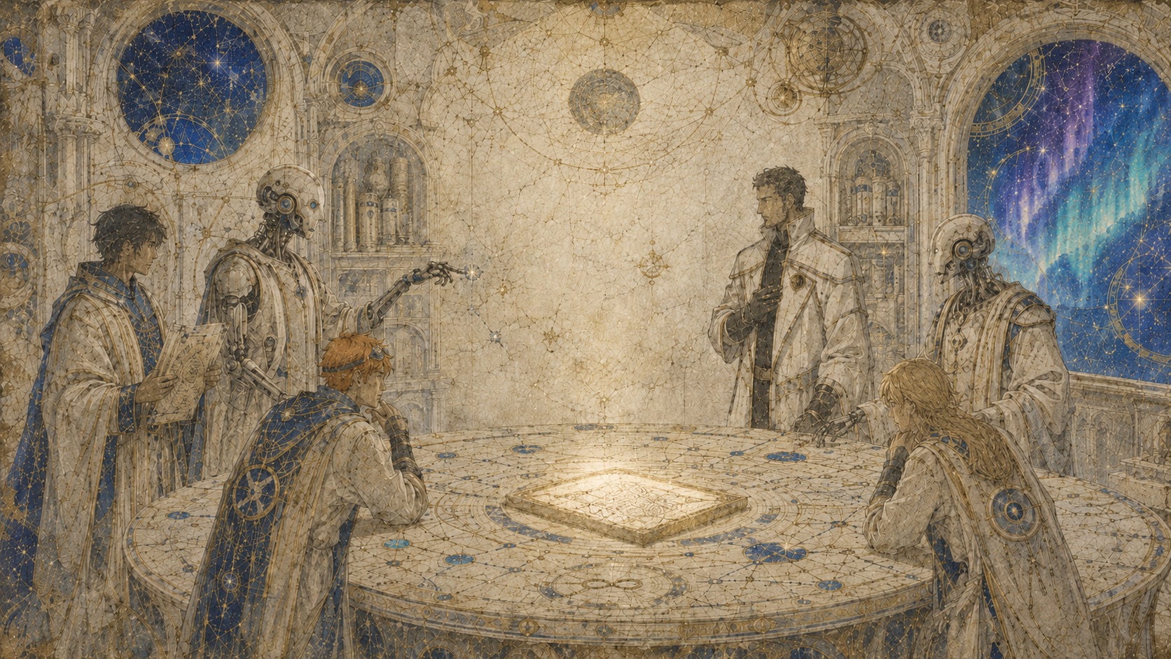 Fresco of human and mechanical scholars gathered around a round star-chart table, a codex glowing at its center, beneath constellation roundels and an aurora window