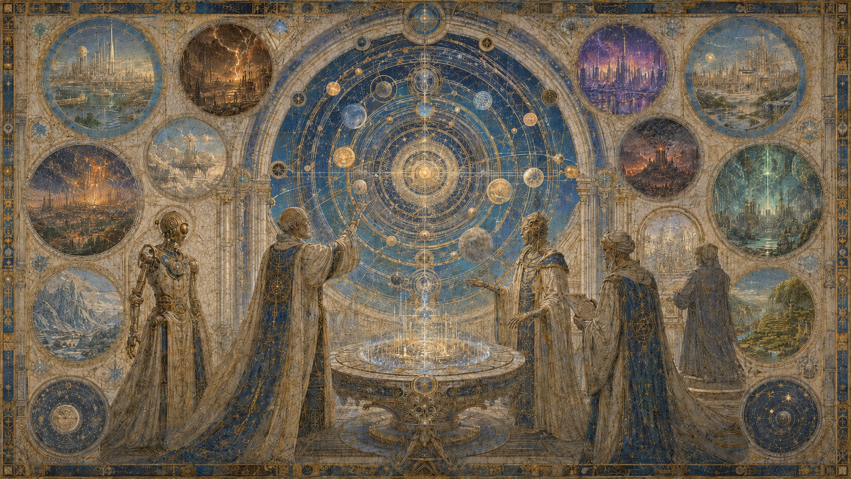 Fresco of robed figures and a mechanical intelligence studying a great cosmic orrery, ringed by circular medallions of possible future worlds