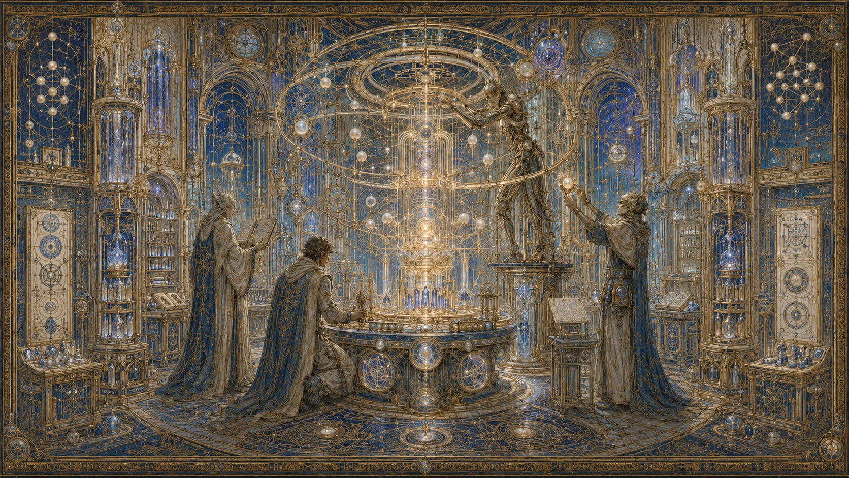 Fresco of builders and robed engineers working around a luminous system core beneath a suspended gold ring assembly in a cathedral engine hall
